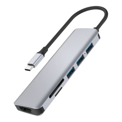 USB Хаб WiWU Alpha 731 HC 7в1 Type C на 3xUSB 3.0+HDMI 4K+Type C PD 100 Вт+SD/TF (A731HC) Серый