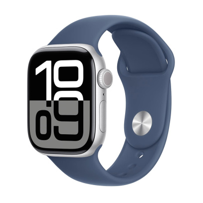 Apple Watch Series 10, 46 мм корпус из алюминия цвета «Silver», ремешок Sport Band размера S/M цвета «Denim»