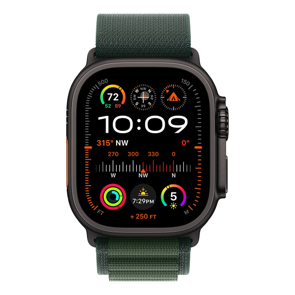 Apple Watch Ultra 2 (2024), 49 мм корпус из титана цвета «Black», ремешок Alpine Loop размера M цвета «Dark Green»