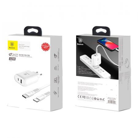 Зарядное устройство USB Type-C с кабелем Baseus (2 USB) Quick Charge 32Вт 5V/9V/12V Bojure Series разъем Lightning (TZTUN-BJ02) Белый