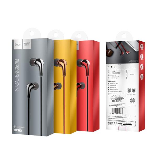 Наушники hoco. Earphones M30 Wire Control Metal Grey, серый