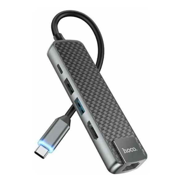 Type-C хаб hoco. для MacBook HDMI+USB3.0+USB2.0+RJ45+PD (HB23) Чёрный